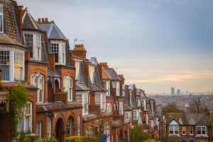 Traditional brick houses on a cloudy morning