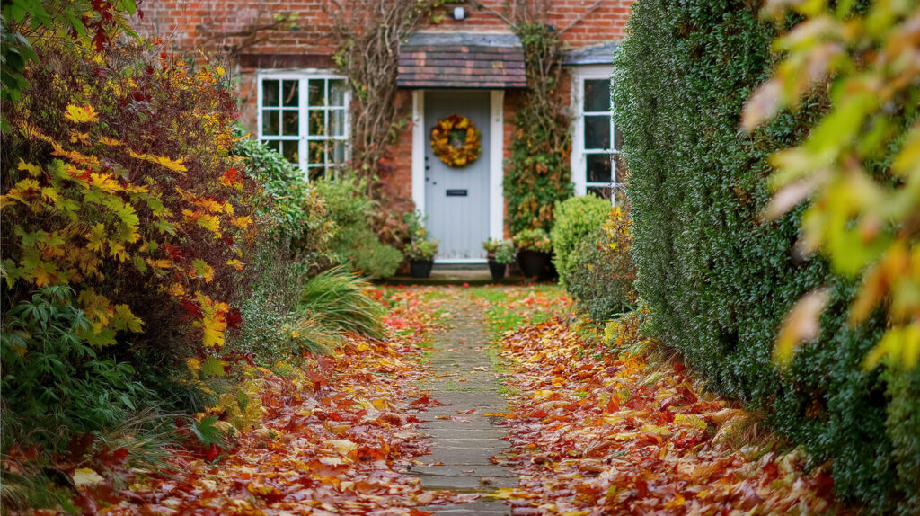 Front garden path covered with autumn leaves leading to a brick house with a wreath on the door