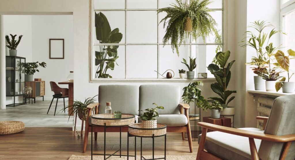 A bright, modern living room featuring mid-century furniture and lush indoor plants, showcasing ideal home staging for sellers in 2025 by Country Properties.