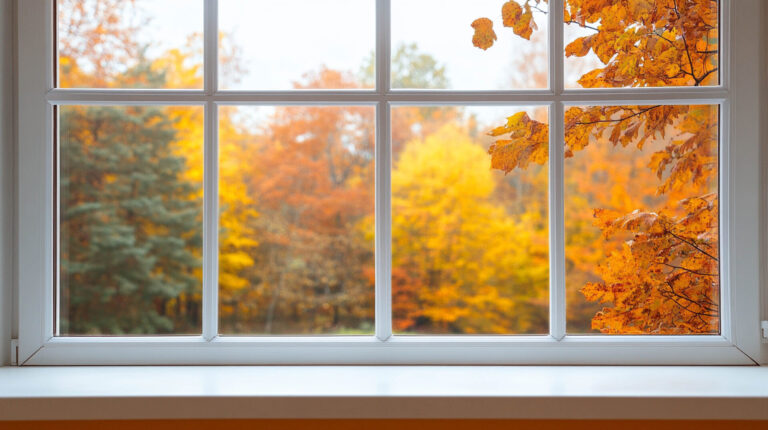 Autumn trees viewed through a window, representing peaceful rural village living in Bedfordshire and Hertfordshire.