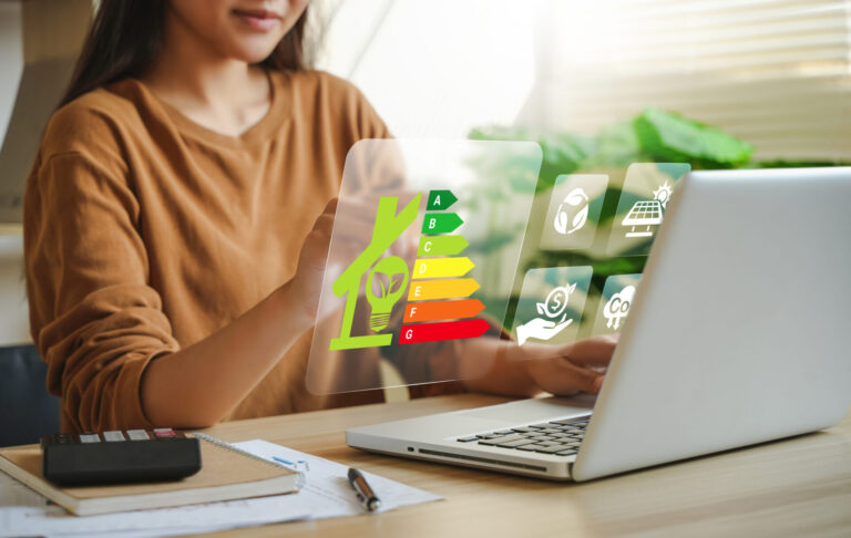 Landlord reviewing EPC rating and energy retrofit options on a laptop for a rental property