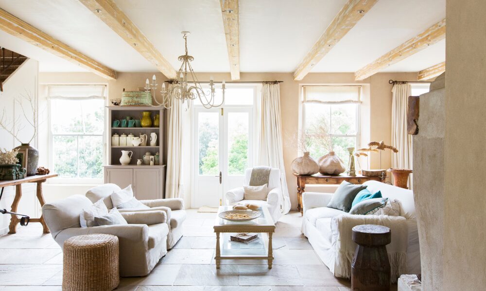 Stylish interior of a character period home with wooden beams and natural light, representing desirable town centre properties in Hitchin.
