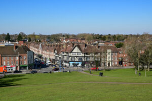 elevated view of Hitchin town centre with historic buildings, shops and green space in Hertfordshire