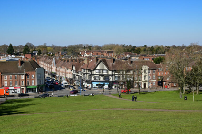 elevated view of Hitchin town centre with historic buildings, shops and green space in Hertfordshire