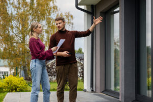 Landlord and property professional inspecting the exterior condition of a rental home in Letchworth