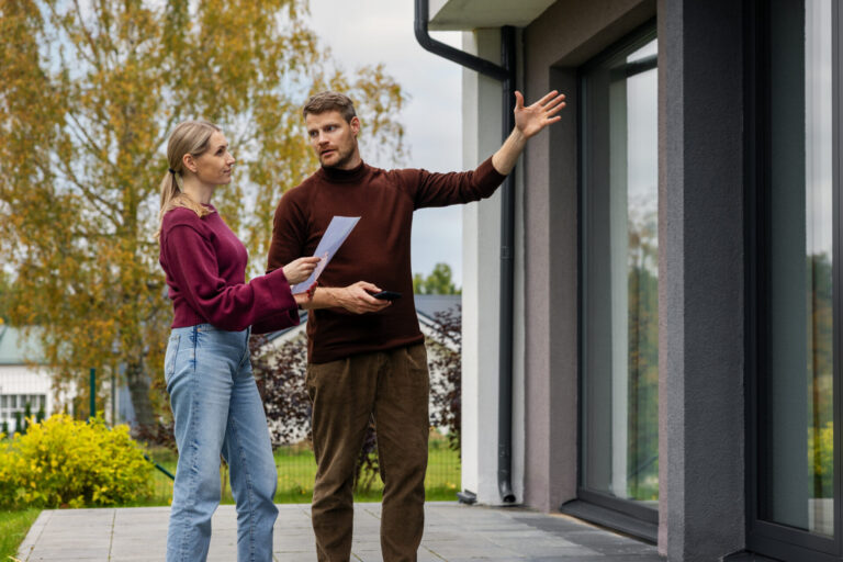 Landlord and property professional inspecting the exterior condition of a rental home in Letchworth